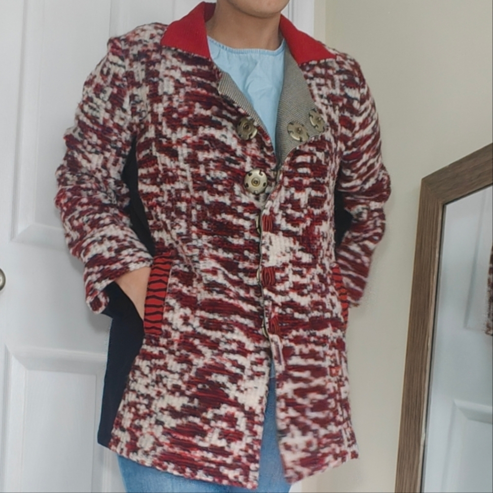 Vintage Deborah Cross Womens Jacket Wool Red Black Collared Button Up Large‎